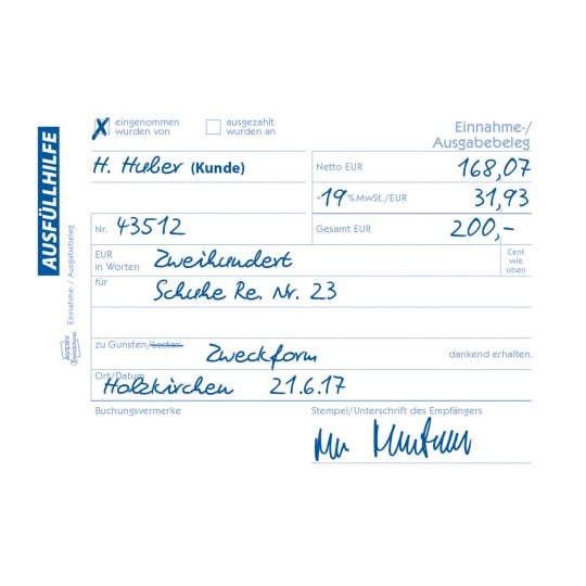 Das Bild ist eine Quittung oder ein Zahlungsbeleg mit der Aufschrift 'AUSFÜLLHILFE.' Es enthält Details wie den Namen des Kunden, den Gesamtbetrag von 200 EUR und eine Beschreibung, wofür die Zahlung bestimmt ist, zusammen mit einem Datum und einer Unterschrift.