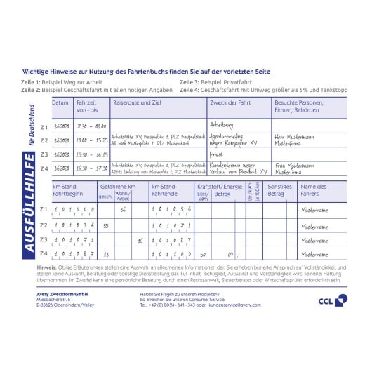Das Bild ist ein deutsches Reisetagebuch-Formular mit Beispielen für Einträge, die Daten, Reisezeiten, Routen, Zwecke und Kraftstoffkosten sowie Unternehmensinformationen auflisten.