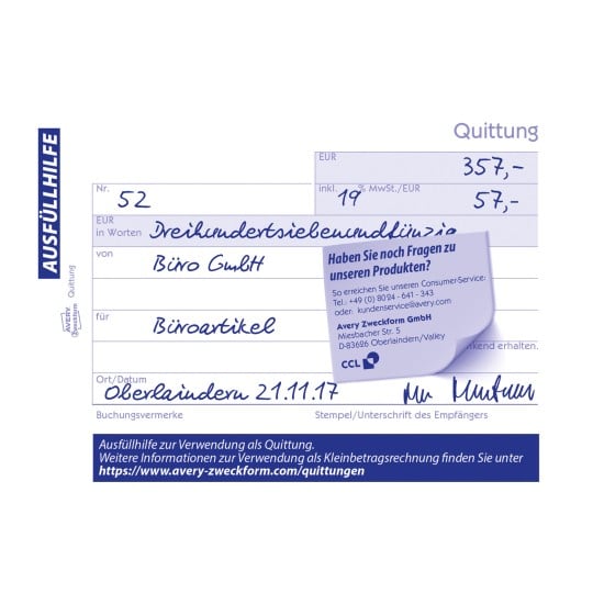 Das Bild zeigt eine Quittung auf Deutsch, die eine Transaktion für Büromaterialien detailliert. Sie enthält den Gesamtbetrag, Steuerinformationen und Kontaktdaten für den Kundenservice.