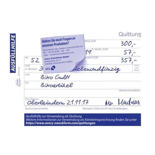 Das Bild zeigt einen Beleg mit verschiedenen Details, einschließlich Beträgen in EUR, Angaben zum Absender und Empfänger, Datum und einer Kundenservice-Notiz von Avery Zweckform GmbH.