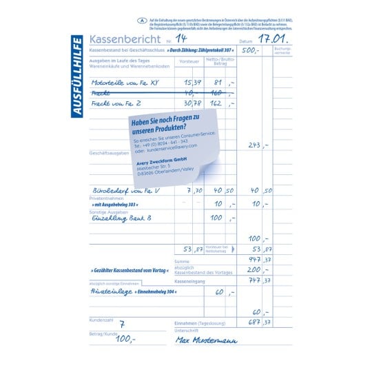 Ein Bild eines Finanzberichts oder Kassenberichts mit verschiedenen Ausgaben, Gesamtsummen und Kontaktinformationen für den Kundenservice.