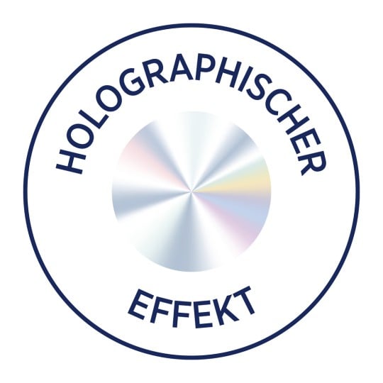 Das Bild zeigt ein kreisförmiges Design mit den Worten 'HOLOGRAPHISCHER EFFEKT', die um ein zentrales holografisches Muster herum geschrieben sind, das Licht in verschiedenen Farben zu reflektieren scheint.