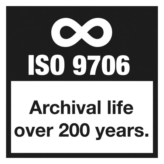 Das Bild zeigt einen schwarzen Hintergrund mit dem Unendlichkeitssymbol über dem Text 'ISO 9706' und dem Satz 'Archivierung über 200 Jahre.' in Weiß.