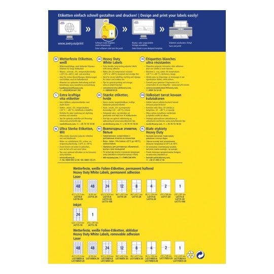 Das Bild enthält Informationen über verschiedene Arten von Etiketten, einschließlich Optionen für wetterfeste und strapazierfähige weiße Etiketten, sowie Anleitungen zum Design und Druck. Es zeigt mehrsprachige Anweisungen für verschiedene Arten von Etiketten und deren Spezifikationen, einschließlich Größe und Eignung für Laser- oder Tintenstrahldrucker.