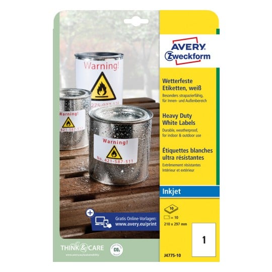 Packungsabbildung: Avery Zweckform Wetterfeste Folien-Etiketten für Inkjetdrucker, Artikel:  J4775-10, Format: 210 x 297 mm, Druckereignung: Inkjet, Inhalt: 10 Etiketten / 10 Bögen, 1 Etiketten/Bogen