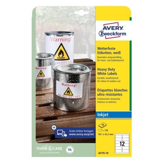 Packungsabbildung: Avery Zweckform Wetterfeste Folien-Etiketten für Inkjetdrucker, Artikel:  J4776-10, Format: 99,1 x 42,3 mm, Druckereignung: Inkjet, Inhalt: 120 Etiketten / 10 Bögen, 12 Etiketten/Bogen