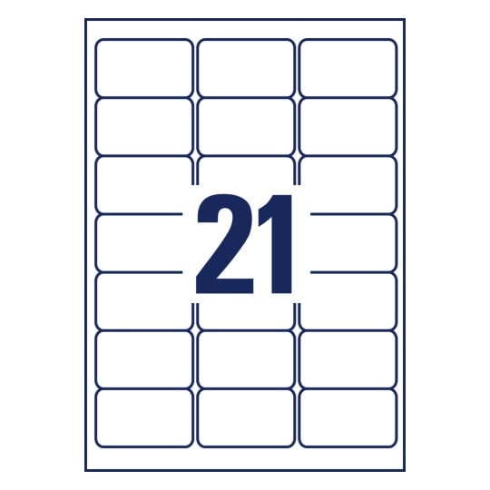 Stanzzeichnung Einzelbogen A4, Artikel: J8160-10, Adress-Etiketten, Format: 63,5 x 38,1 mm, 21 Etiketten/Bogen