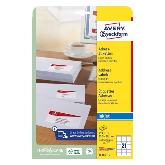 Packungsabbildung: Avery Zweckform Weiße Versand-Etiketten, für Inkjetdrucker, Artikel:  J8160-10, Format: 63,5 x 38,1 mm, Druckereignung: Inkjet, Inhalt: 210 Etiketten / 10 Bögen, 21 Etiketten/Bogen