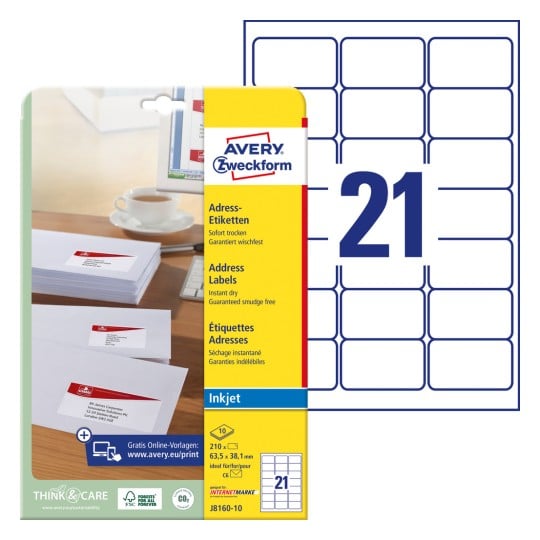 Packungsabbildung mit Etikettenbogen: Avery Zweckform Adress-Etiketten, Artikel: J8160-10, Format: 63,5 x 38,1 mm, Druckereignung: Inkjet, Inhalt: 210 Etiketten / 10 Bögen, 21 Etiketten/Bogen