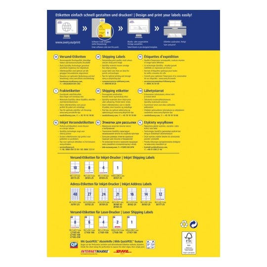 Ein Farbdiagramm, das verschiedene Optionen für den Etikettendruck, einschließlich Größen und Empfehlungen für sowohl Tintenstrahl- als auch Laserdrucker, detailliert beschreibt. Es enthält Anweisungen in mehreren Sprachen.