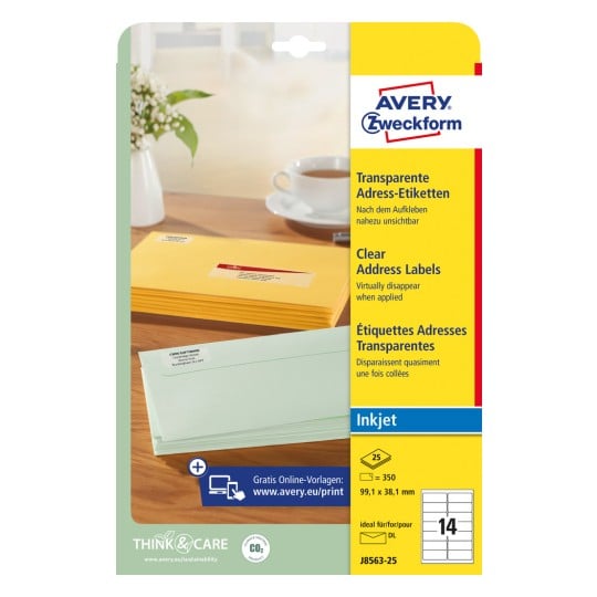 Packungsabbildung: Avery Zweckform Transparente Versand-Etiketten, für Inkjetdrucker, Artikel:  J8563-25, Format: 99,1 x 38,1 mm, Druckereignung: Inkjet, Inhalt: 350 Etiketten / 25 Bögen, 14 Etiketten/Bogen