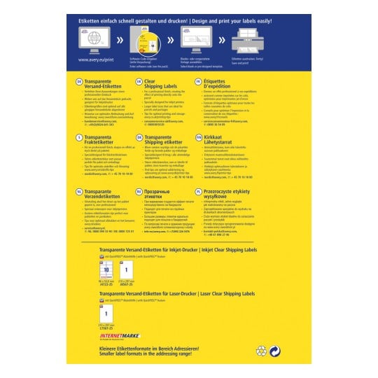 Das Bild zeigt einen Werbeleitfaden für Avery's transparente Versandetiketten, der verschiedene Arten von Etiketten für Tintenstrahl- und Laserdrucker präsentiert. Es enthält Texte in mehreren Sprachen und bietet Schritte zum effektiven Gestalten und Drucken von Etiketten.