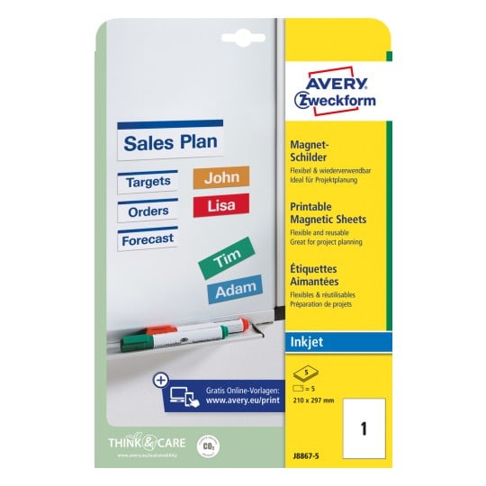 Packungsabbildung: Avery Zweckform Magnetschilder, Artikel:  J8867-5, Format: 210 x 297 mm, Druckereignung: Inkjet, Inhalt: 5 Etiketten / 5 Bögen, 1 Etiketten/Bogen