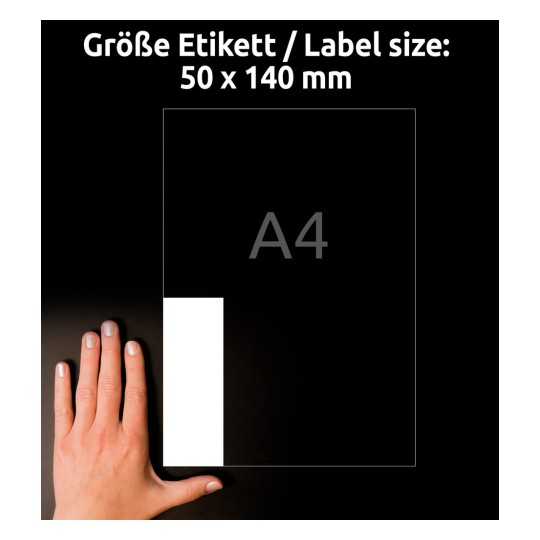 Größenvergleich mit Hand, Artikel: J8875-5, ein Bogen Magnet-Schilder, Format: 50 x 140 mm, Farbe: Weiß