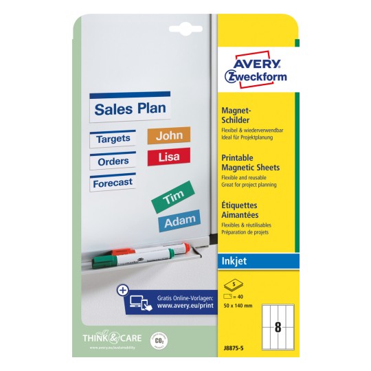 Packungsabbildung: Avery Zweckform Magnetschilder, Artikel:  J8875-5, Format: 50 x 140 mm, Druckereignung: Inkjet, Inhalt: 40 Etiketten / 5 Bögen, 8 Etiketten/Bogen