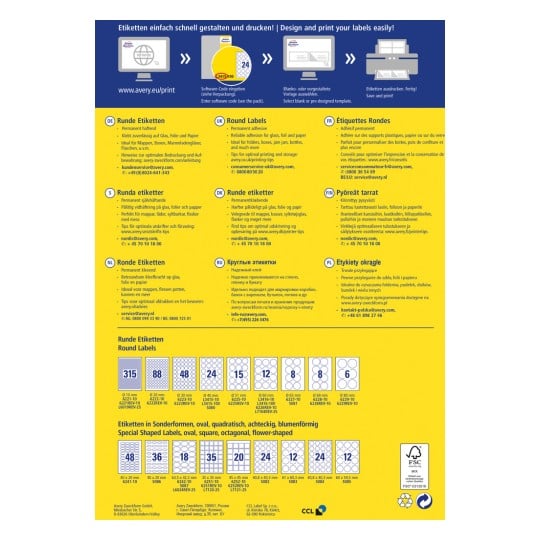 Das Bild enthält Informationen zum Entwerfen und Drucken runder Etiketten, einschließlich Tipps für optimales Drucken und einer Vielzahl von Etikettengrößen in verschiedenen Sprachen.