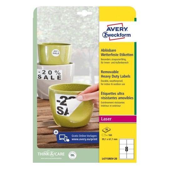 Packungsabbildung: Avery Zweckform Wetterfeste Folien-Etiketten, ablösbar, Artikel:  L4715REV-20, Format: 99,1 x 67,7 mm, Druckereignung: Laser s/w,Farblaser, Inhalt: 160 Etiketten / 20 Bögen, 8 Etiketten/Bogen