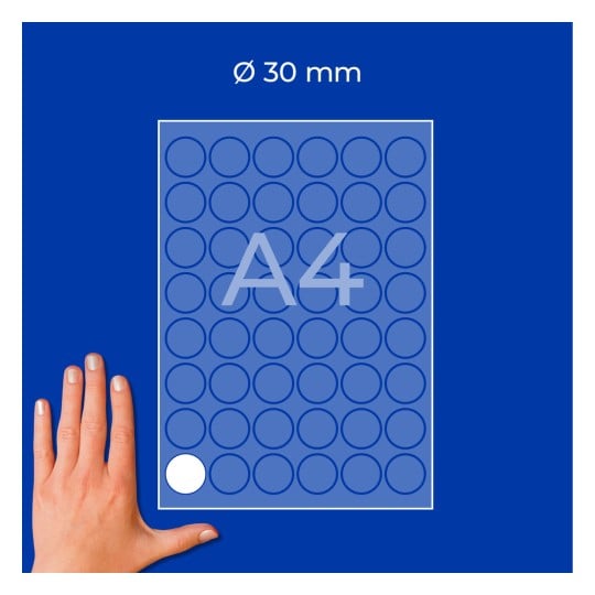 A4-Blattvorlage mit einem Raster aus kreisförmigen 30-mm-Aussparungen und einer Hand unten links?