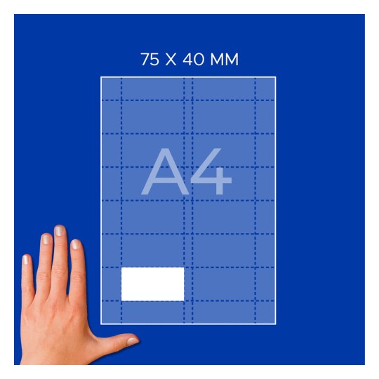 Hand neben einem A4-Blattdiagramm mit Raster, weißem Rechteck und der Beschriftung „75 x 40 mm“?