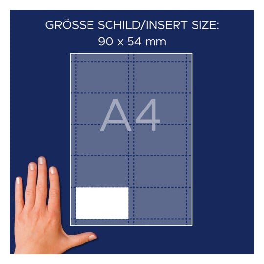 Größenvergleich mit Hand, Artikel: L4727-20, ein Bogen Einsteckschilder, Format: 54 x 90 mm, Farbe: Weiß