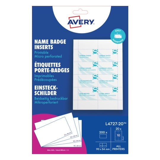 Packungsabbildung: Avery Zweckform , Artikel:  L4727-20, Format: 54 x 90 mm, Druckereignung: Inkjet,Farblaser,Laser s/w,Kopierer, Inhalt: 200 Einsteckschilder / 20 Blatt,  /Bogen