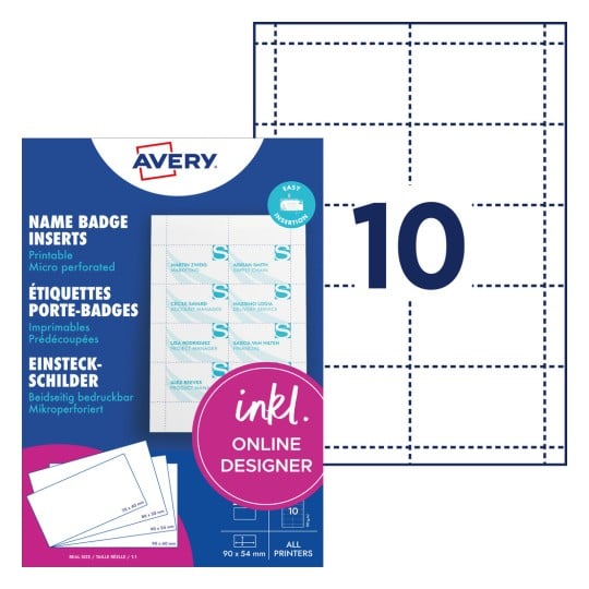 Packungsabbildung mit Etikettenbogen: Avery Zweckform, Artikel: L4727-20, Einsteckschilder, Format: 54 x 90 mm, Druckereignung: Inkjet,Farblaser,Laser s/w,Kopierer, Inhalt: 200 Einsteckschilder / 20 Blatt, 10 Karten/Bogen