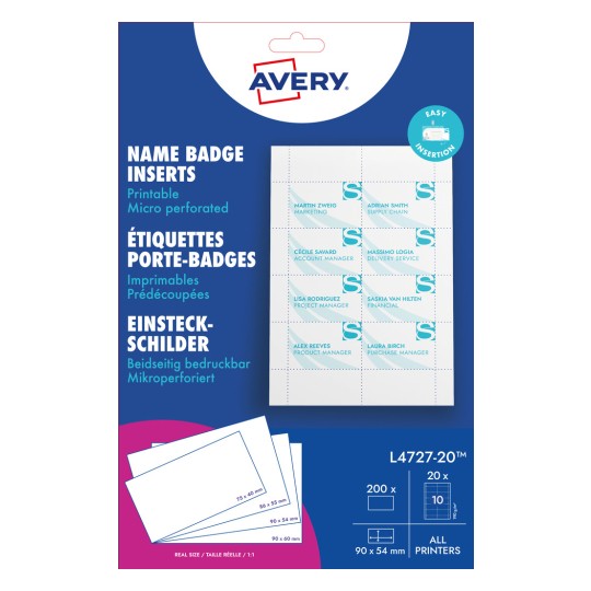 Packungsabbildung: Avery Zweckform , Artikel:  L4727-20, Format: 54 x 90 mm, Druckereignung: Inkjet,Farblaser,Laser s/w,Kopierer, Inhalt: 200 Einsteckschilder / 20 Blatt,  /Bogen