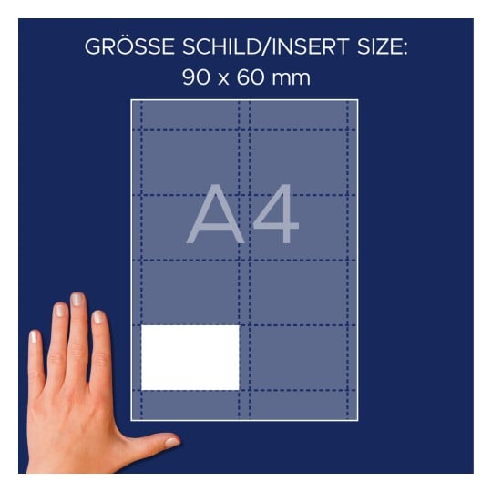Größenvergleich mit Hand, Artikel: L4728-20, ein Bogen Einsteckschilder, Format: 60 x 90 mm, Farbe: Weiß