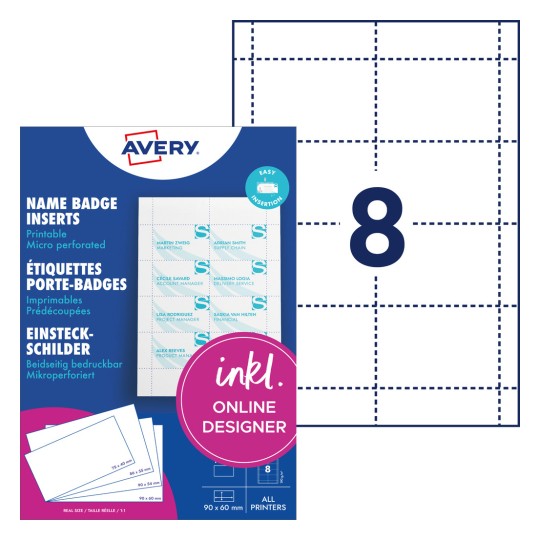 Packungsabbildung mit Etikettenbogen: Avery Zweckform, Artikel: L4728-20, Einsteckschilder, Format: 60 x 90 mm, Druckereignung: Inkjet,Farblaser,Laser s/w,Kopierer, Inhalt: 160 Einsteckschilder / 20 Blatt, 8 Karten/Bogen
