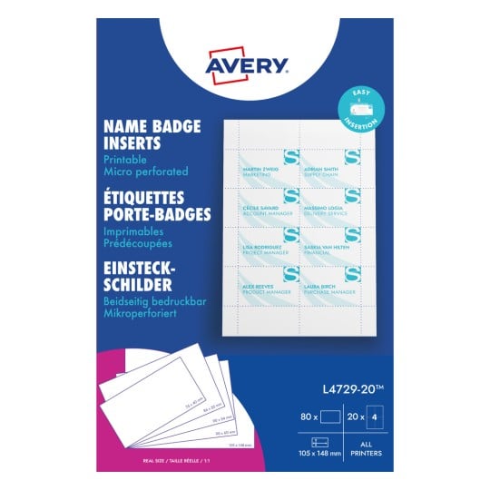 Avery Namensschild-Einlagen-Verpackung mit Muster-Namensschildbogen und mehrsprachigem Text?