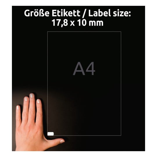Größenvergleich mit Hand, Artikel: L4730REV-10, ein Bogen Etiketten, ablösbar, Home Office, Kleinpackung, Format: 17,8 x 10 mm, Farbe: Weiß