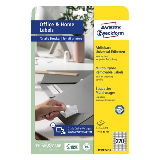 Packungsabbildung: Avery Zweckform Universal-Etiketten, ablösbar, Artikel:  L4730REV-10, Format: 17,8 x 10 mm, Druckereignung: Inkjet,Laser s/w,Farblaser, Inhalt: 2.700 Etiketten / 10 Bögen, 270 Etiketten/Bogen