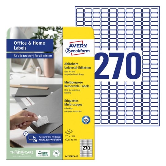 Packungsabbildung mit Etikettenbogen: Avery Zweckform Etiketten, ablösbar, Home Office, Kleinpackung, Artikel: L4730REV-10, Format: 17,8 x 10 mm, Druckereignung: Inkjet,Laser s/w,Farblaser, Inhalt: 2.700 Etiketten / 10 Bögen, 270 Etiketten/Bogen