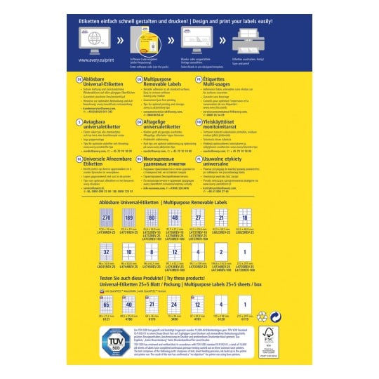 Das Bild ist eine Informationsgrafik über Averys vielseitige, ablösbare Etiketten. Es enthält verschiedene Produktspezifikationen, Größen und Merkmale in mehreren Sprachen, einschließlich Anleitungen für Design und Druck.