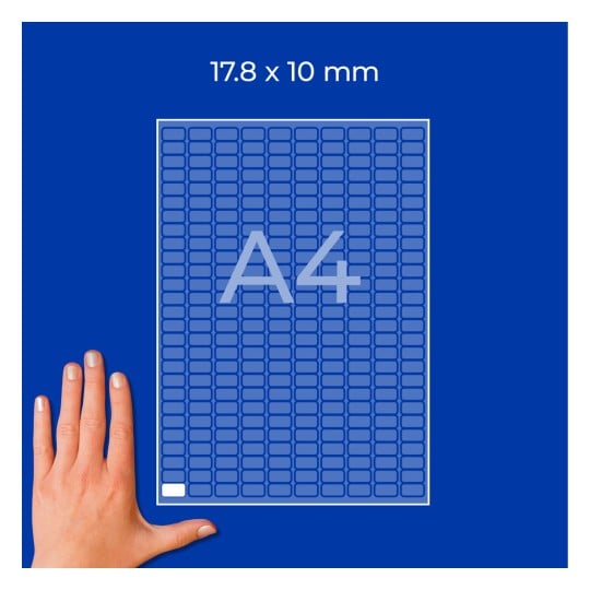 Hand neben A4-Blatt-Vorlage mit abgerundeten Rechtecken (17,8 × 10 mm) auf blauem Hintergrund?