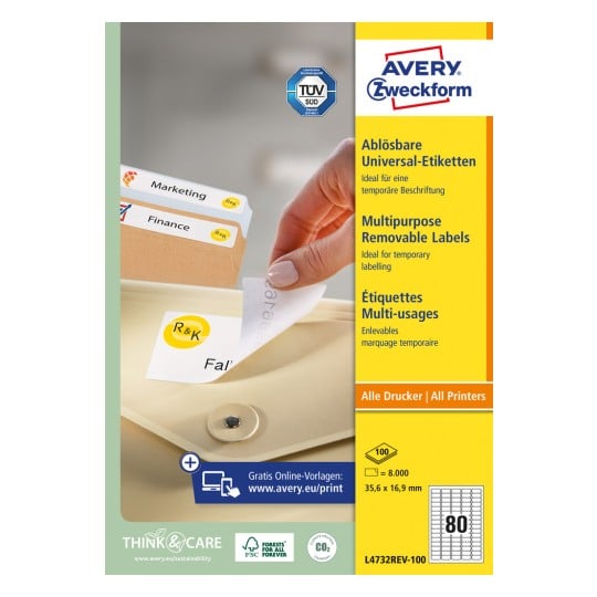 Packungsabbildung: Avery Zweckform Universal-Etiketten, ablösbar, Artikel:  L4732REV-100, Format: 35,6 x 16,9 mm, Druckereignung: Inkjet,Laser s/w,Farblaser, Inhalt: 8.000 Etiketten / 100 Bögen, 80 Etiketten/Bogen