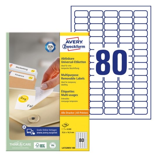 Packungsabbildung mit Etikettenbogen: Avery Zweckform Universal-Etiketten, ablösbar, Artikel: L4732REV-100, Format: 35,6 x 16,9 mm, Druckereignung: Inkjet,Laser s/w,Farblaser, Inhalt: 8.000 Etiketten / 100 Bögen, 80 Etiketten/Bogen