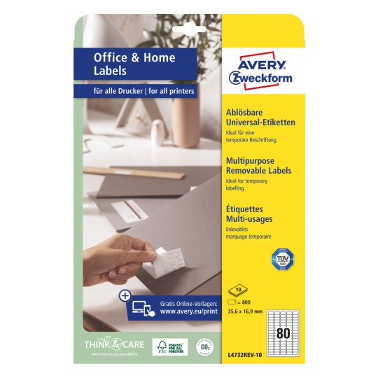 Packungsabbildung: Avery Zweckform Universal-Etiketten, ablösbar, Artikel:  L4732REV-10, Format: 35,6 x 16,9 mm, Druckereignung: Inkjet,Laser s/w,Farblaser, Inhalt: 800 Etiketten / 10 Bögen, 80 Etiketten/Bogen