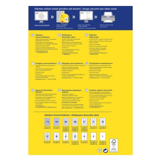 Das Bild ist ein Informationsleitfaden über Avery Mehrzweck-Abziehetiketten, der verschiedene Sprachen und Produktdetails einschließlich Etikettenspezifikationen und Drucktipps zeigt.