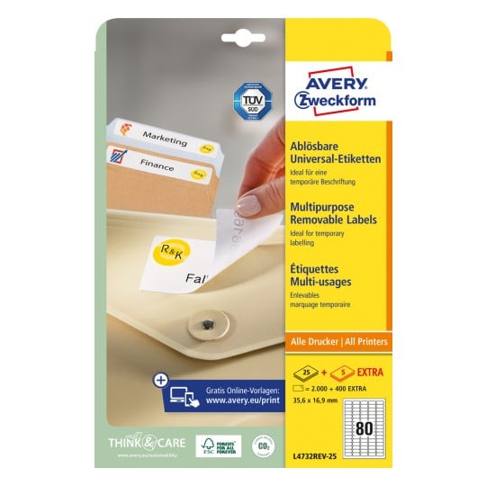 Packungsabbildung: Avery Zweckform Universal-Etiketten, ablösbar, Artikel:  L4732REV-25, Format: 35,6 x 16,9 mm, Druckereignung: Inkjet,Laser s/w,Farblaser, Inhalt: 2.400 Etiketten / 30 Bögen, 80 Etiketten/Bogen