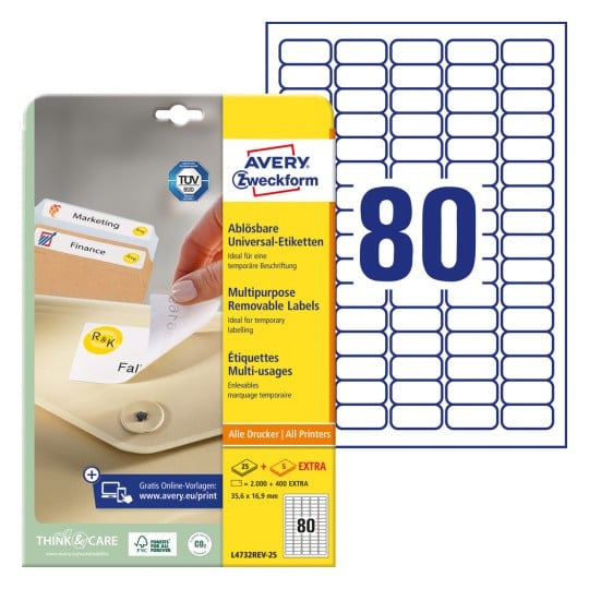 Packungsabbildung mit Etikettenbogen: Avery Zweckform Universal-Etiketten, ablösbar, Artikel: L4732REV-25, Format: 35,6 x 16,9 mm, Druckereignung: Inkjet,Laser s/w,Farblaser, Inhalt: 2.400 Etiketten / 30 Bögen, 80 Etiketten/Bogen