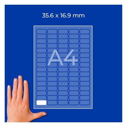 Hand neben A4-Blatt mit Raster aus abgerundeten Etiketten und den Maßen 35,6 × 16,9 mm?