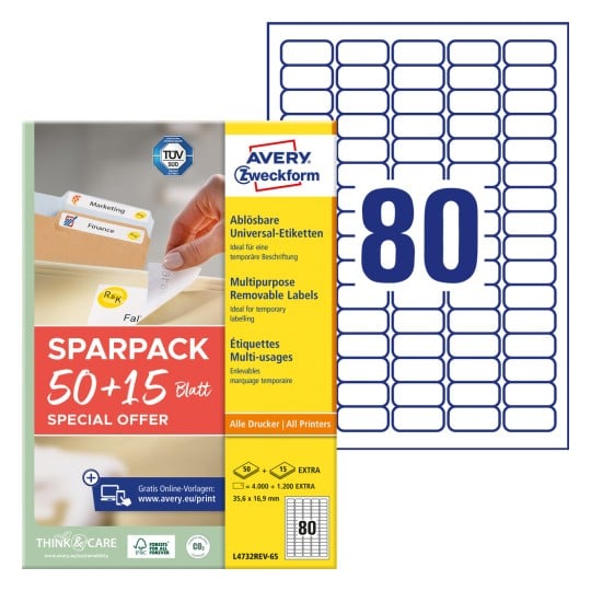 Packungsabbildung mit Etikettenbogen: Avery Zweckform Universal-Etiketten, Artikel: L4732REV-65, Format: 35,6 x 16,9 mm, Druckereignung: Inkjet,Laser s/w,Farblaser, Inhalt: 5.200 Etiketten / 65 Bögen, 80 Etiketten/Bogen