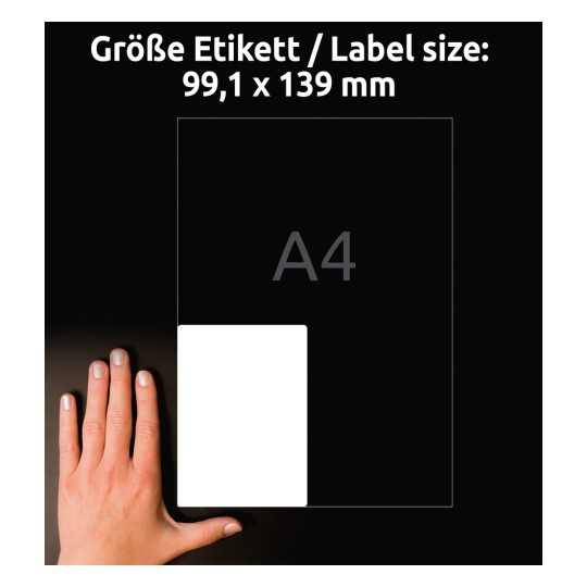 Größenvergleich mit Hand, Artikel: L4733REV-25, ein Bogen Universal-Etiketten, ablösbar, Format: 99,1 x 139 mm, Farbe: Weiß