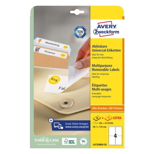 Packungsabbildung: Avery Zweckform Universal-Etiketten, ablösbar, Artikel:  L4733REV-25, Format: 99,1 x 139 mm, Druckereignung: Inkjet,Laser s/w,Farblaser, Inhalt: 120 Etiketten / 30 Bögen, 4 Etiketten/Bogen