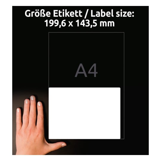 Größenvergleich mit Hand, Artikel: L4734REV-100, ein Bogen Universal-Etiketten, ablösbar, Format: 199,6 x 143,5 mm, Farbe: Weiß
