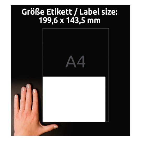 Größenvergleich mit Hand, Artikel: L4734REV-25, ein Bogen Universal-Etiketten, ablösbar, Format: 199,6 x 143,5 mm, Farbe: Weiß