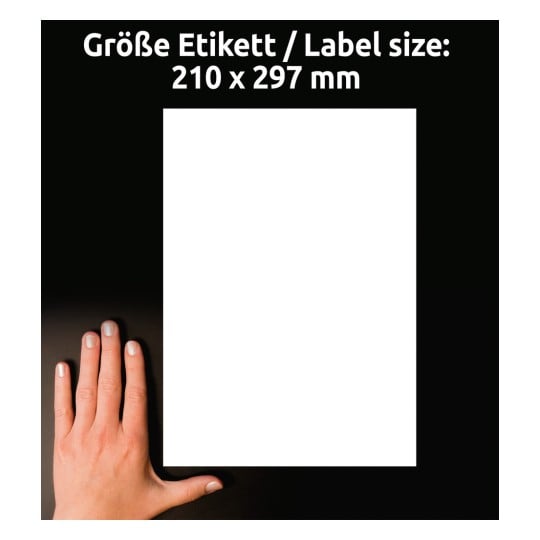 Größenvergleich mit Hand, Artikel: L4735REV-100, ein Bogen Universal-Etiketten, ablösbar, Format: 210 x 297 mm, Farbe: Weiß