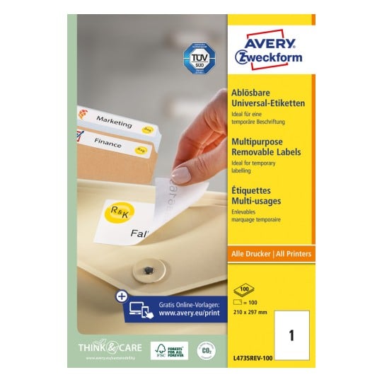 Packungsabbildung: Avery Zweckform Universal-Etiketten, ablösbar, Artikel:  L4735REV-100, Format: 210 x 297 mm, Druckereignung: Inkjet,Laser s/w,Farblaser, Inhalt: 100 Etiketten / 100 Bögen, 1 Etiketten/Bogen