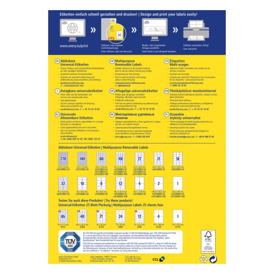 Ein Informationsdokument über ablösbare Etiketten von Avery, das Produkteigenschaften, Größen und Druckanweisungen in mehreren Sprachen beschreibt.